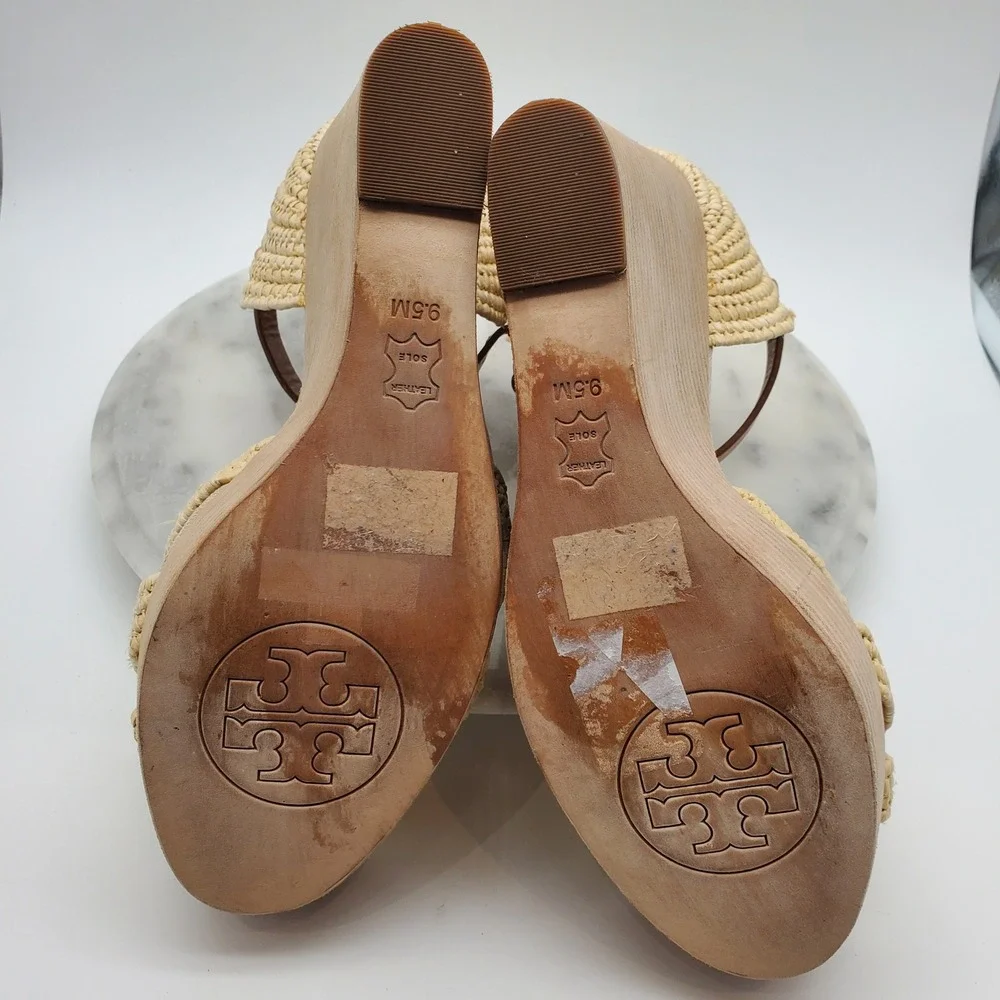 Tory Burch Carina Macrame Straw Wedge Sandals Royal Tan Leather T-Strap‎ US 9.5M
